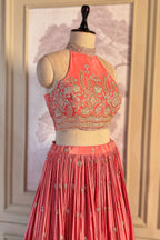 Pink Crepe Satin Silk Cutdana Beaded Halter Neck Lehenga