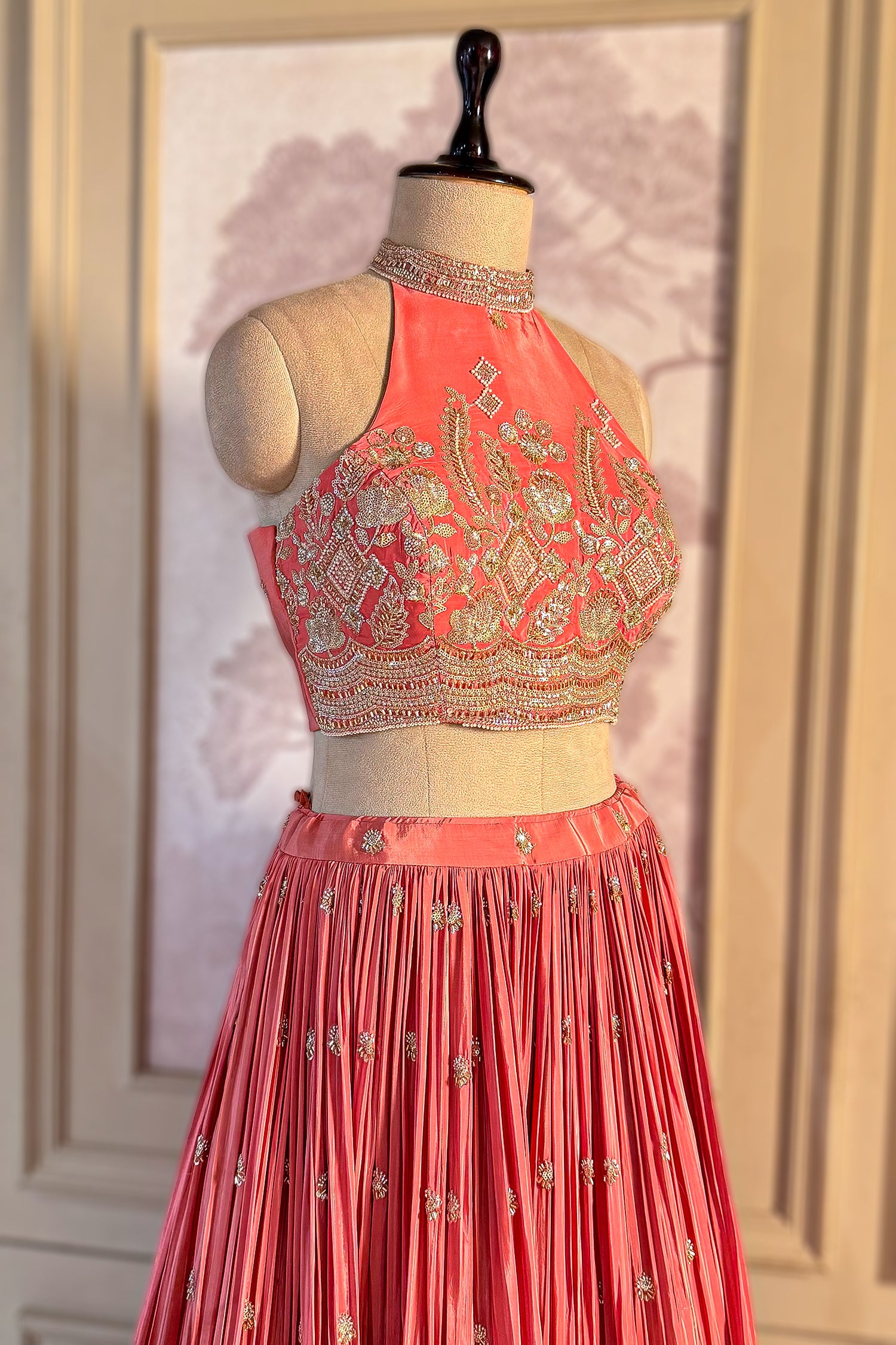 Pink Crepe Satin Silk Cutdana Beaded Halter Neck Lehenga