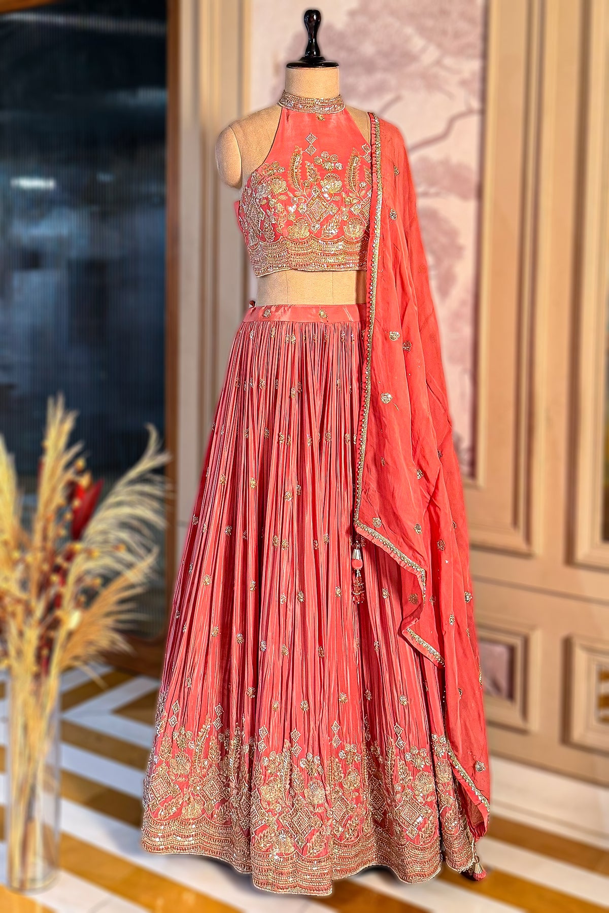 Pink Crepe Satin Silk Cutdana Beaded Halter Neck Lehenga