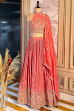 Pink Crepe Satin Silk Cutdana Beaded Halter Neck Lehenga