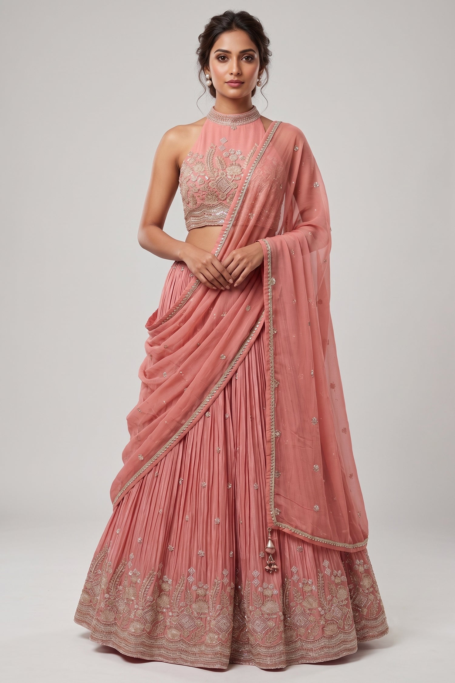 Pink Crepe Satin Silk Cutdana Beaded Halter Neck Lehenga Main image