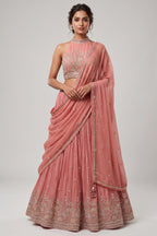 Pink Crepe Satin Silk Cutdana Beaded Halter Neck Lehenga
