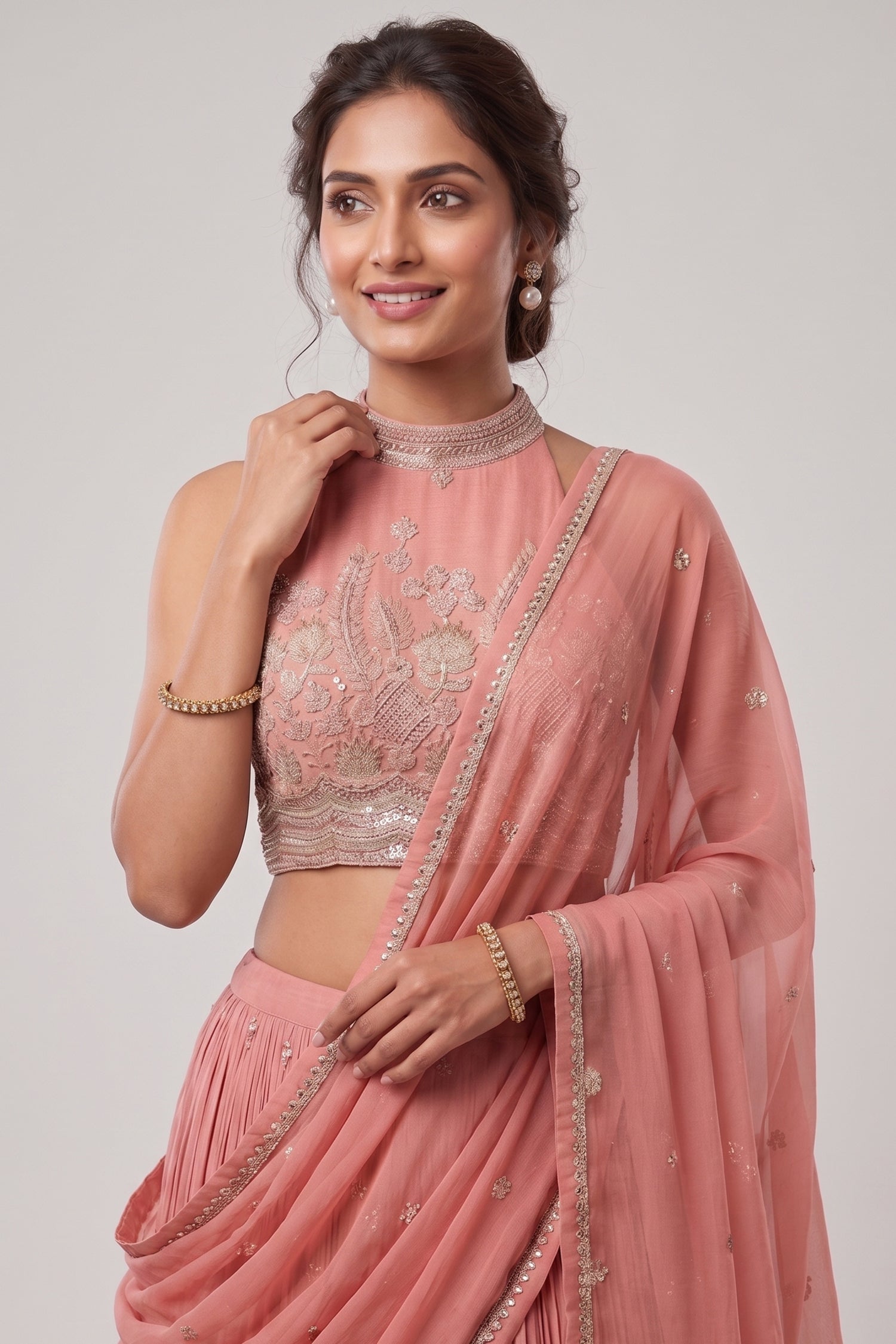 Pink Crepe Satin Silk Cutdana Beaded Halter Neck Lehenga Secondary image