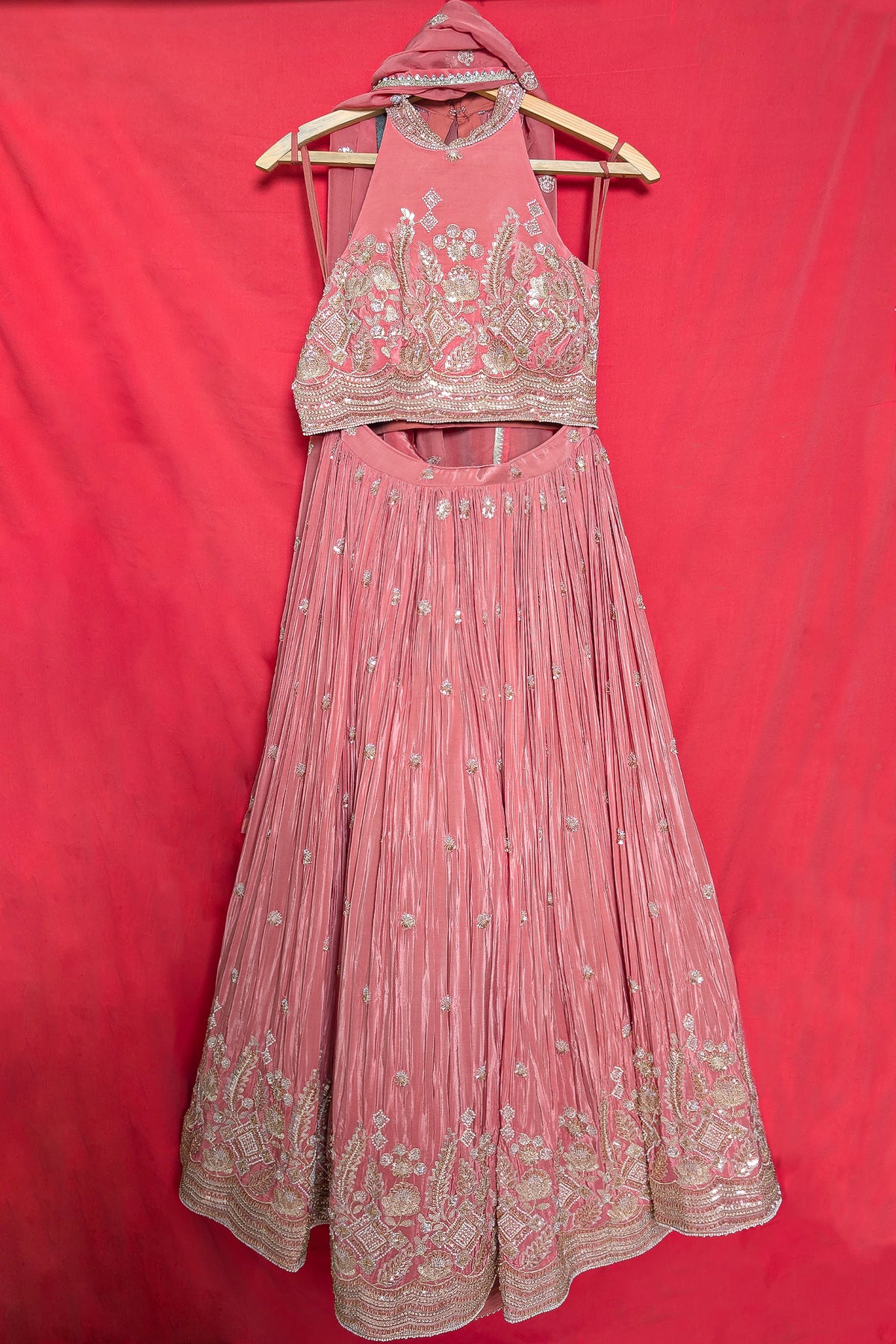 Pink Crepe Satin Silk Cutdana Beaded Halter Neck Lehenga