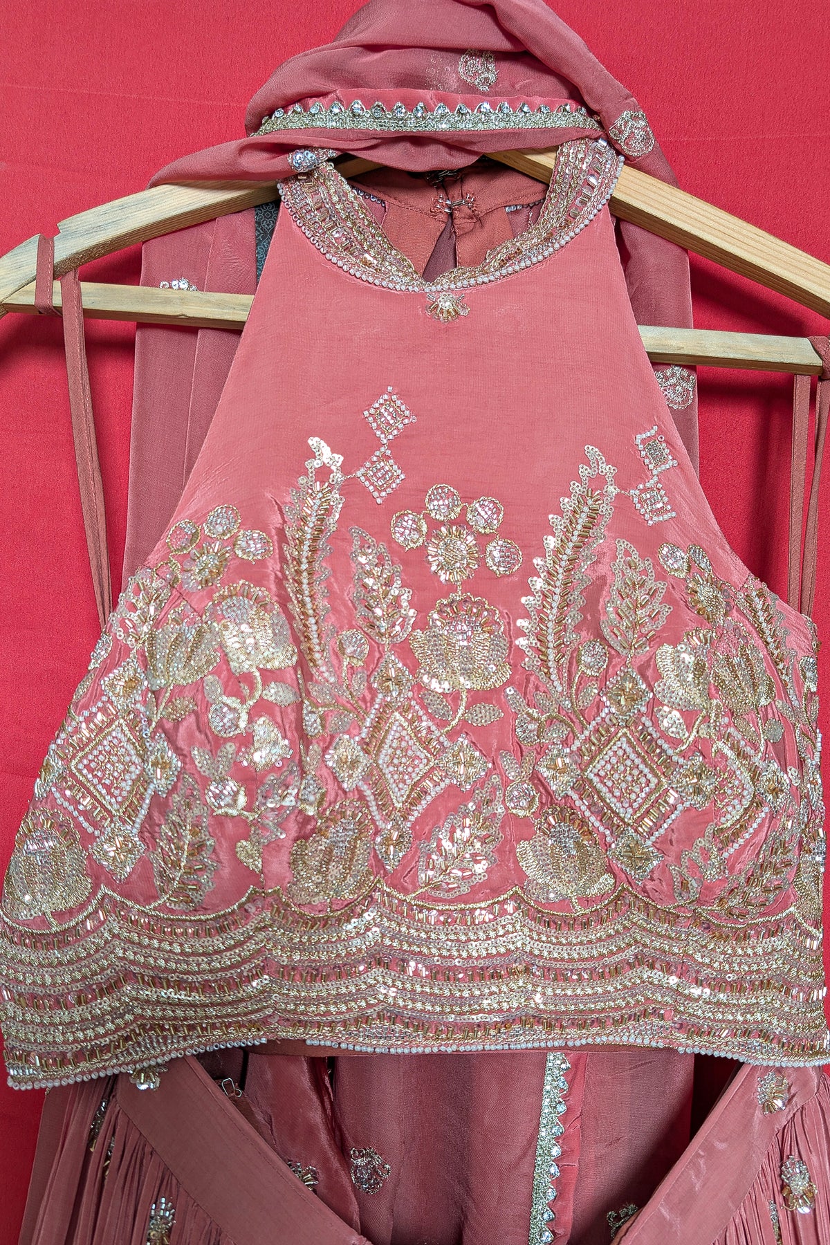 Pink Crepe Satin Silk Cutdana Beaded Halter Neck Lehenga