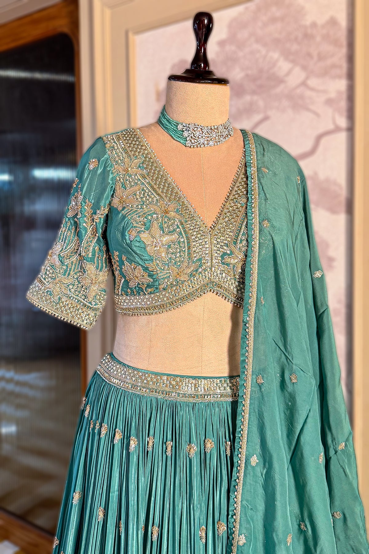 Sea Green Crepe Satin Silk Cutdana Beaded Halter Neck Lehenga
