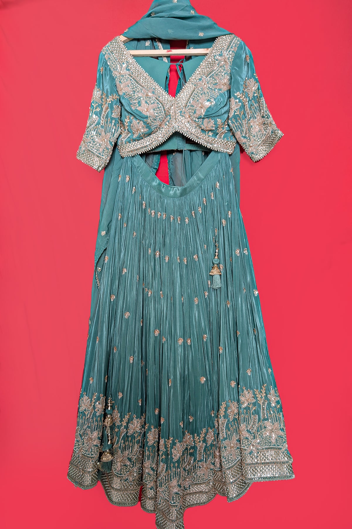 Sea Green Crepe Satin Silk Cutdana Beaded Halter Neck Lehenga