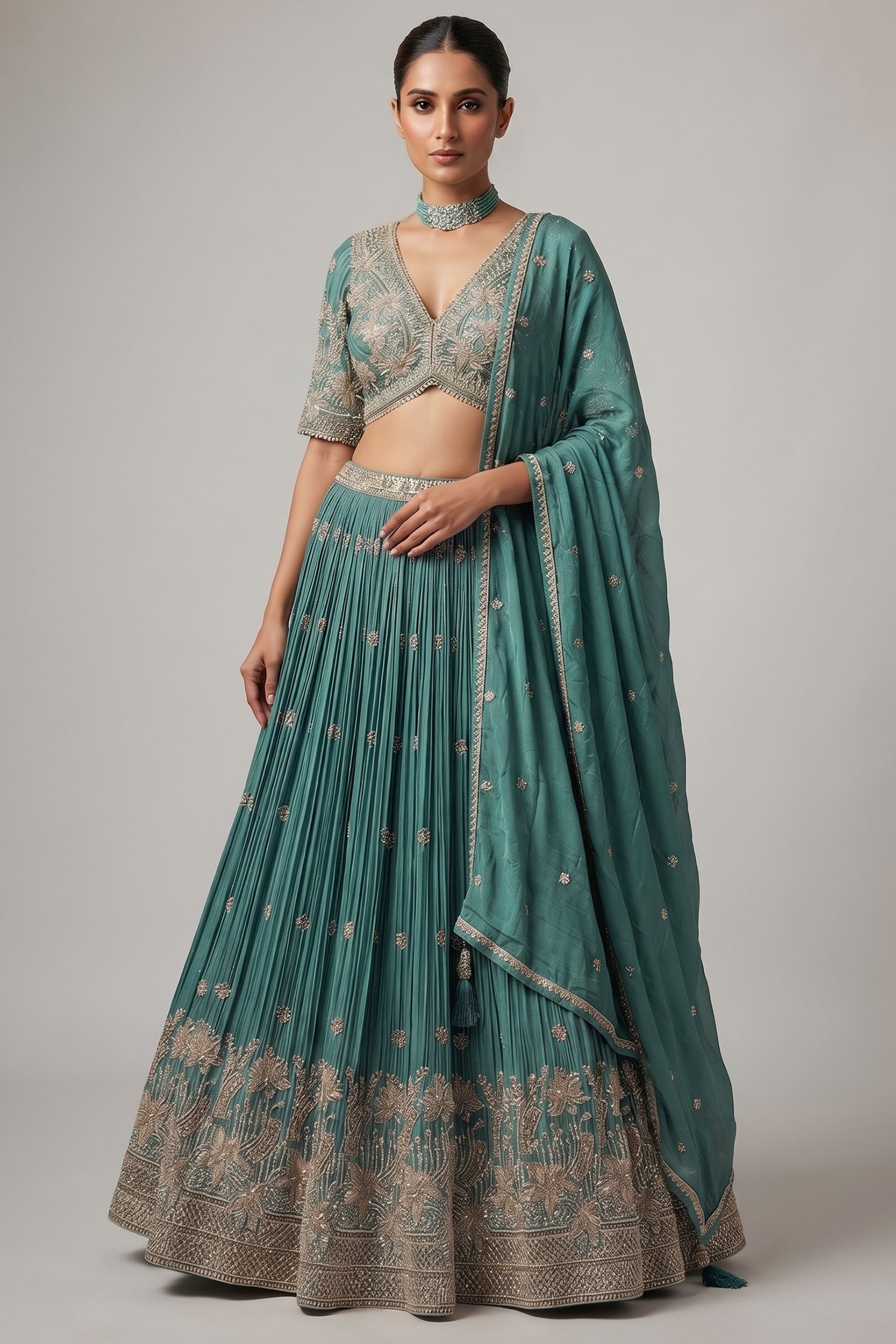 Sea Green Crepe Satin Silk Cutdana Beaded Halter Neck Lehenga Main image
