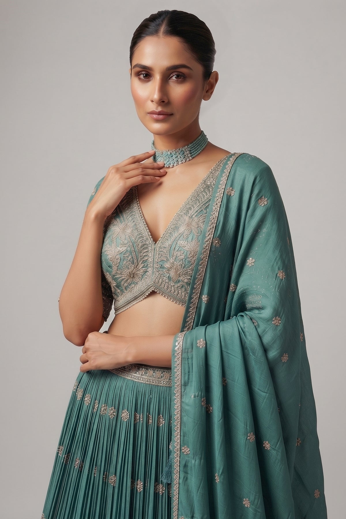 Sea Green Crepe Satin Silk Cutdana Beaded Halter Neck Lehenga