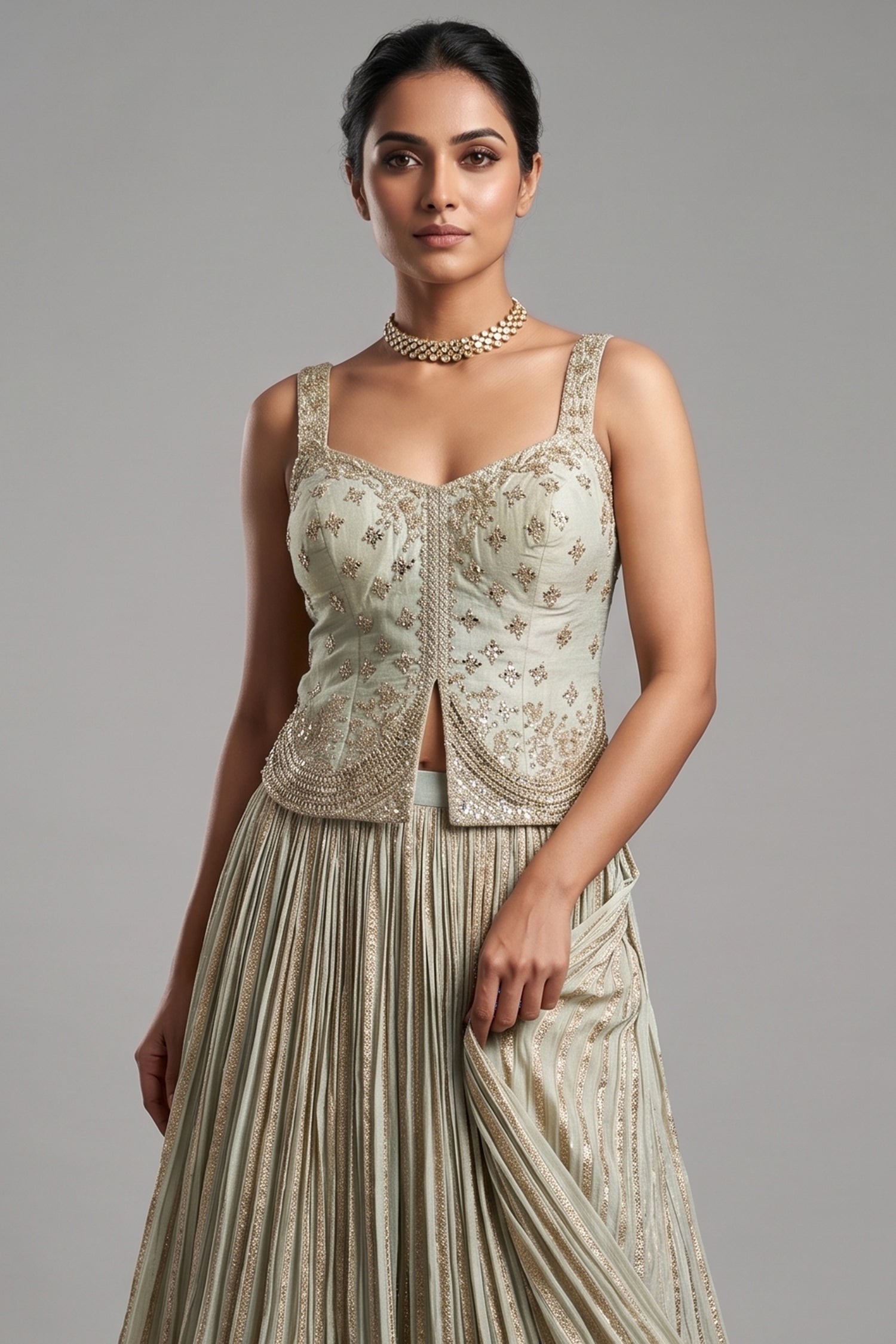 Cream Tissue Woven Pelated Lehenga with Mirror Work Blouse Secondary image