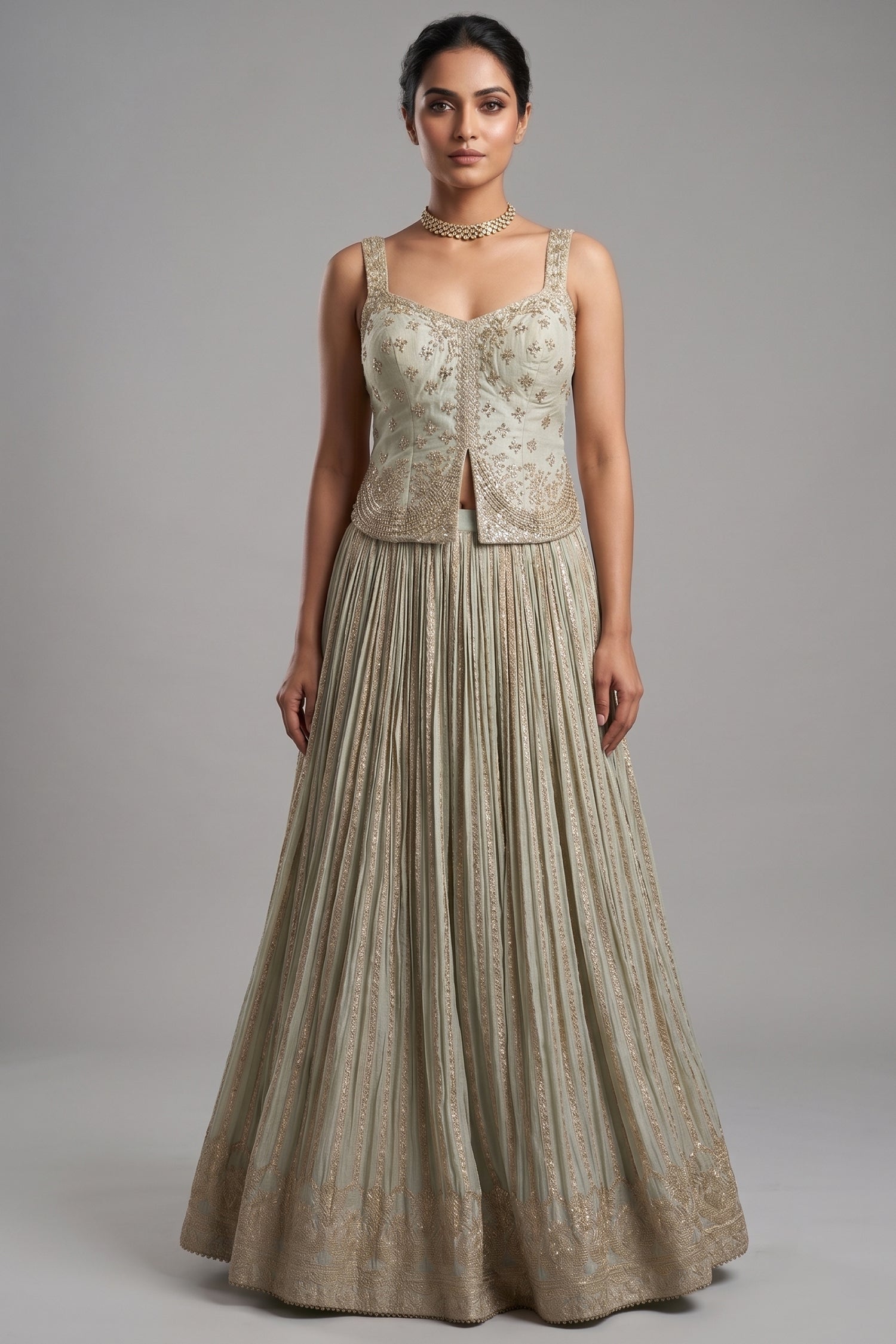Cream Tissue Woven Pelated Lehenga with Mirror Work Blouse Main image