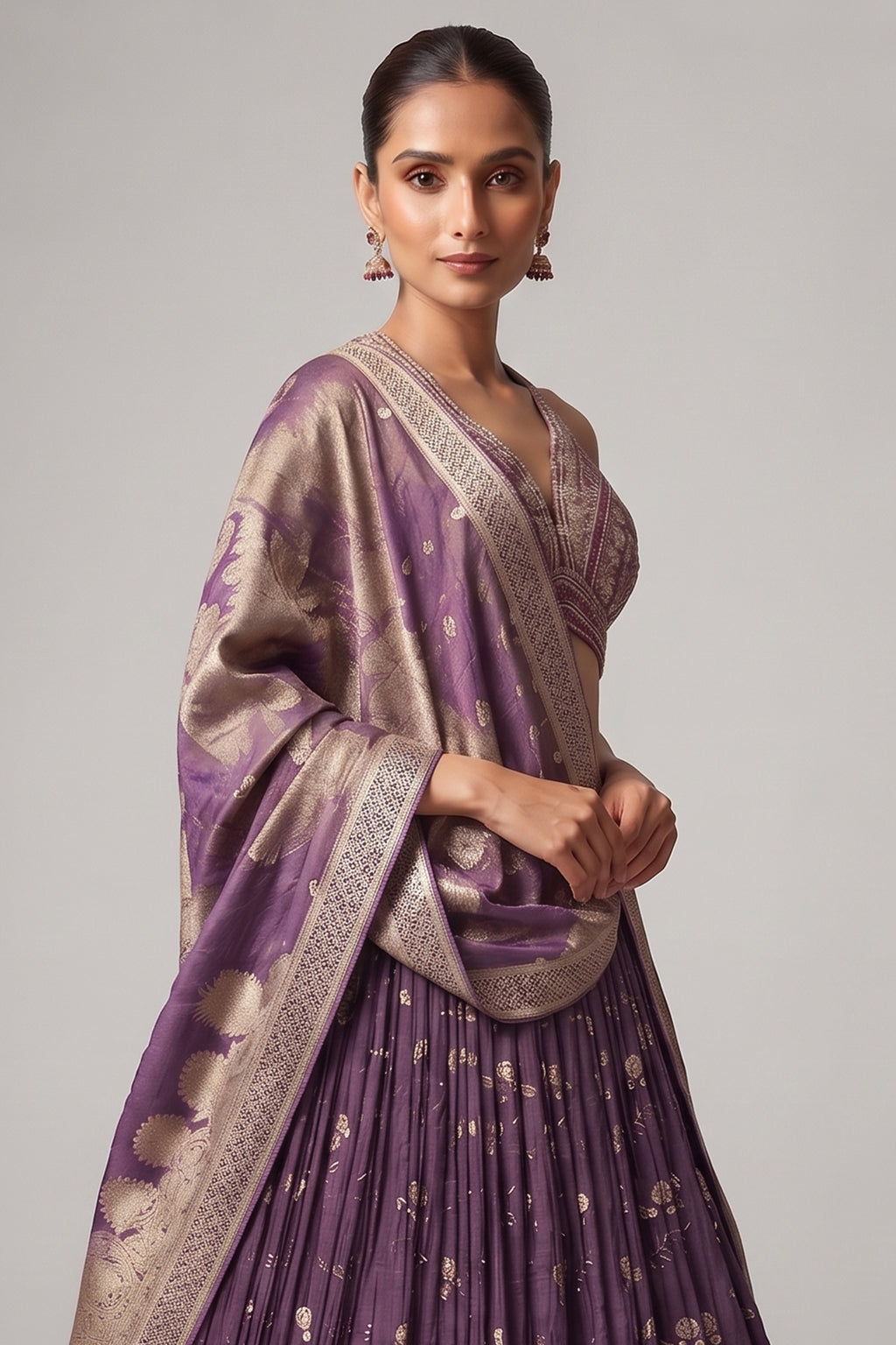 Purple Tissue Silk Woven Lehenga with Mirror Embroidered Cut Out Blouse