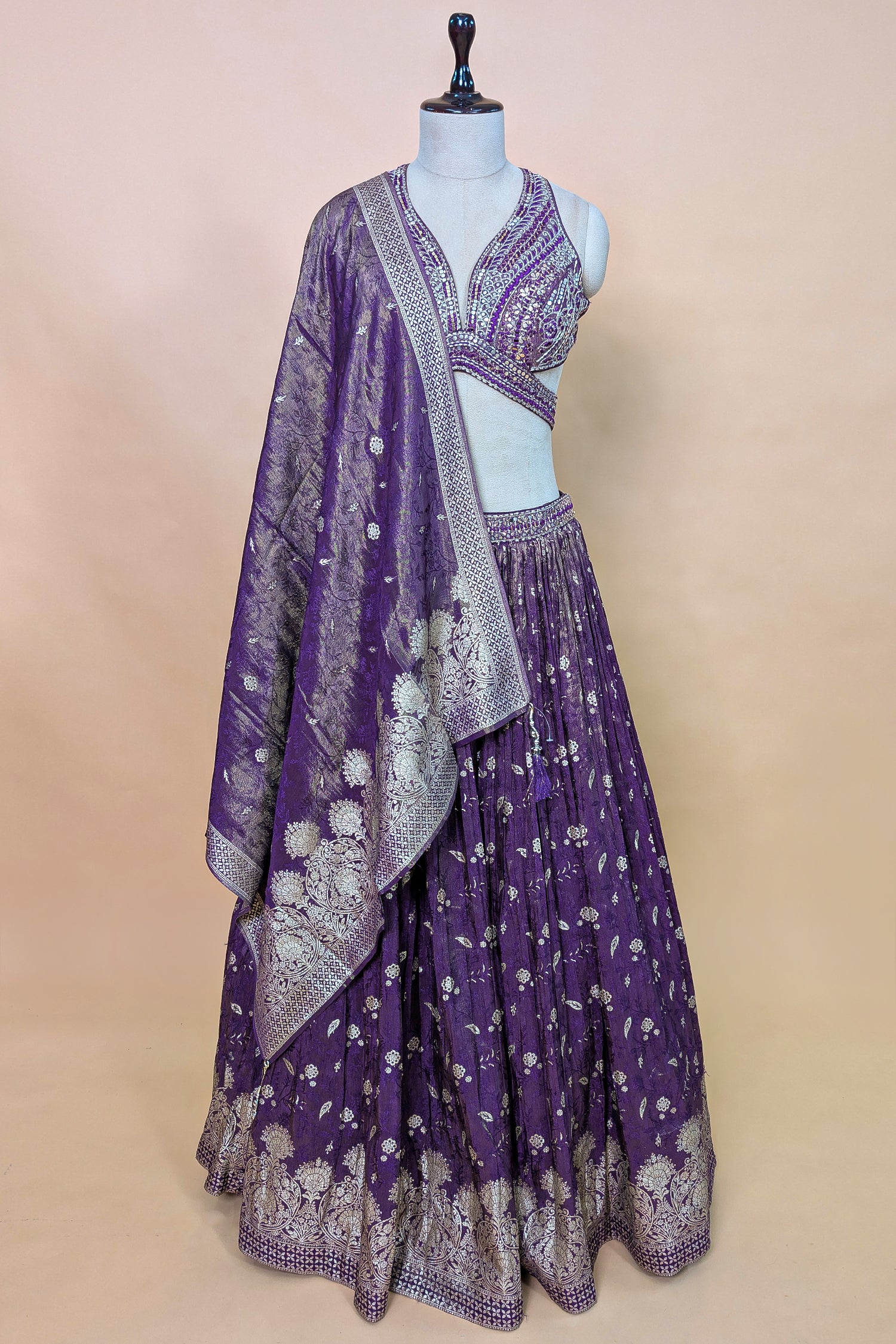 Purple Tissue Silk Woven Lehenga with Mirror Embroidered Cut Out Blouse