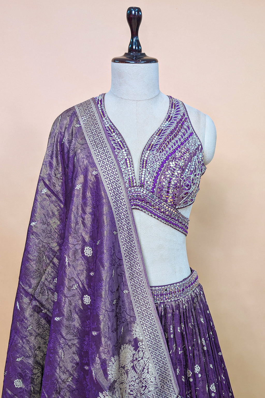 Purple Tissue Silk Woven Lehenga with Mirror Embroidered Cut Out Blouse