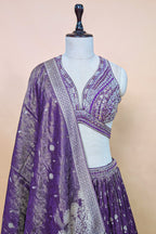 Purple Tissue Silk Woven Lehenga with Mirror Embroidered Cut Out Blouse