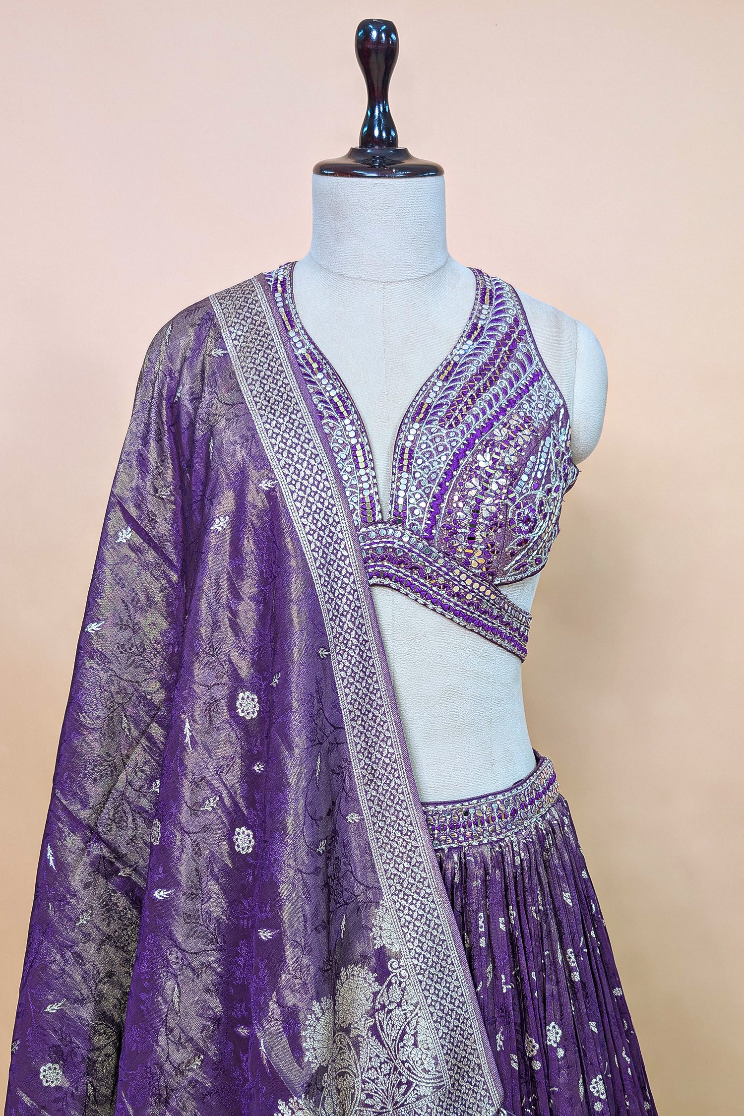 Purple Tissue Silk Woven Lehenga with Mirror Embroidered Cut Out Blouse