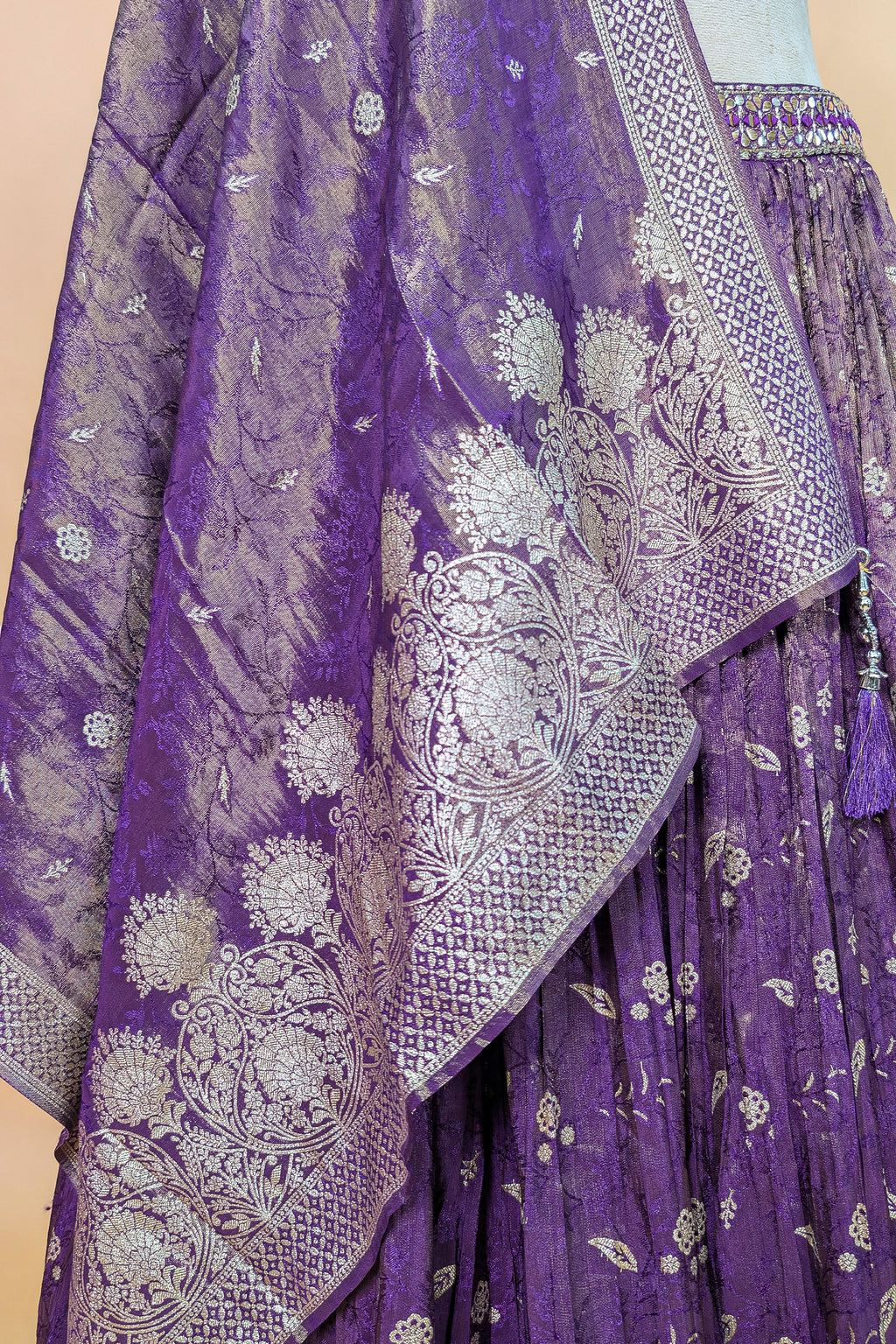 Purple Tissue Silk Woven Lehenga with Mirror Embroidered Cut Out Blouse