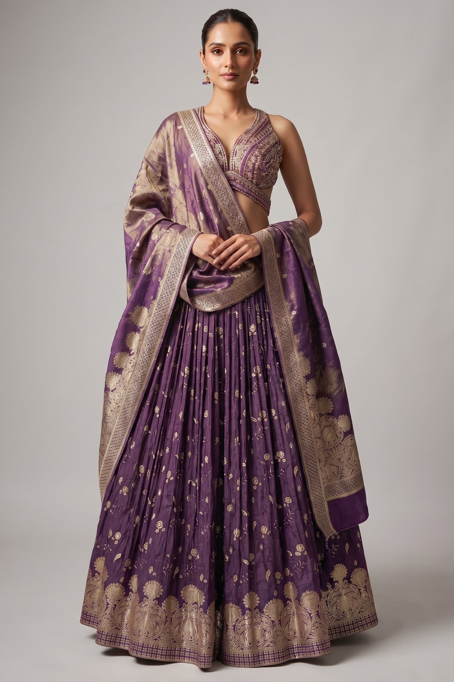 Purple Tissue Silk Woven Lehenga with Mirror Embroidered Cut Out Blouse