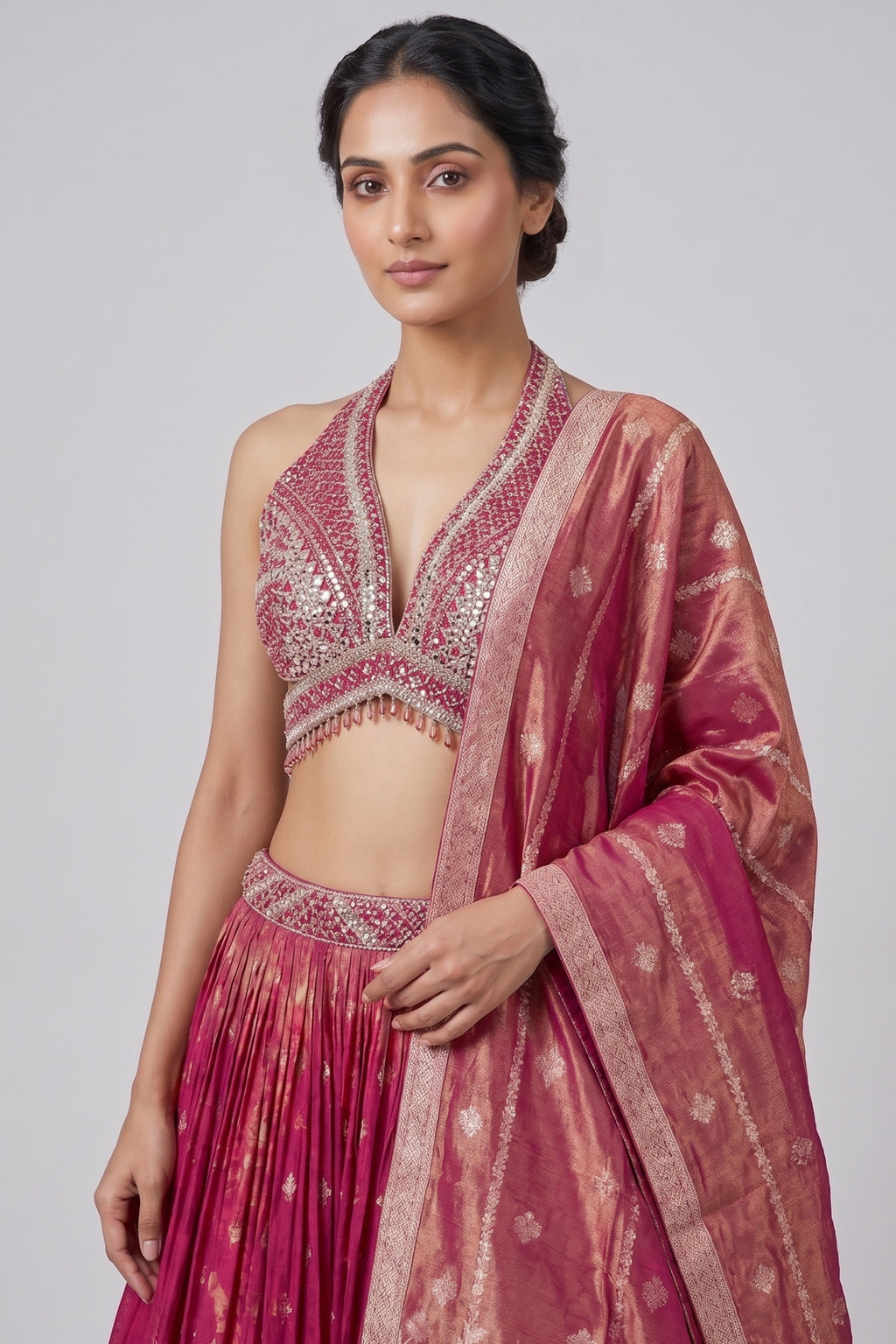 Pink Tissue Silk Woven Lehenga with Mirror Embroidered Cut Out Blouse