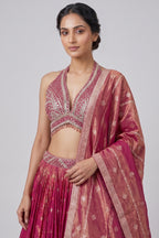 Pink Tissue Silk Woven Lehenga with Mirror Embroidered Cut Out Blouse