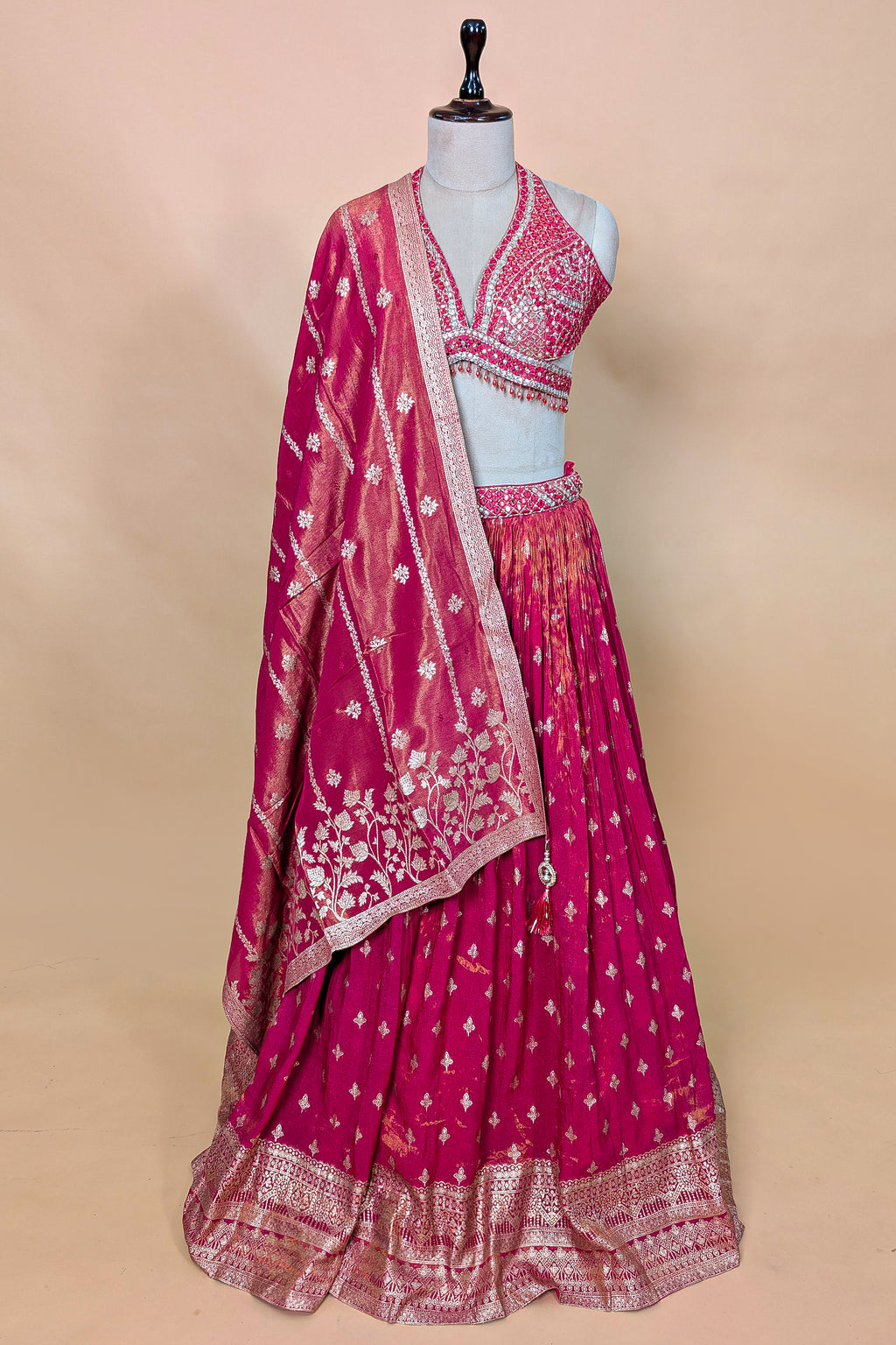 Pink Tissue Silk Woven Lehenga with Mirror Embroidered Cut Out Blouse