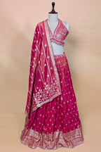 Pink Tissue Silk Woven Lehenga with Mirror Embroidered Cut Out Blouse