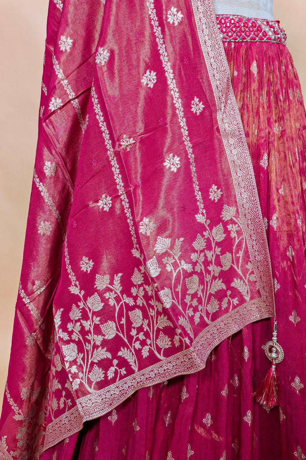 Pink Tissue Silk Woven Lehenga with Mirror Embroidered Cut Out Blouse