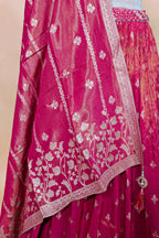 Pink Tissue Silk Woven Lehenga with Mirror Embroidered Cut Out Blouse