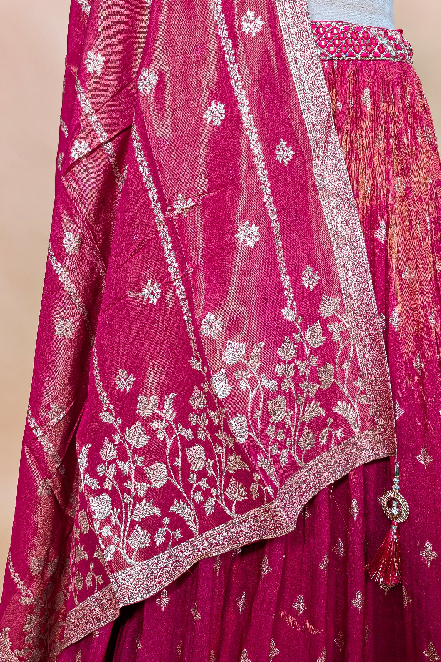 Pink Tissue Silk Woven Lehenga with Mirror Embroidered Cut Out Blouse