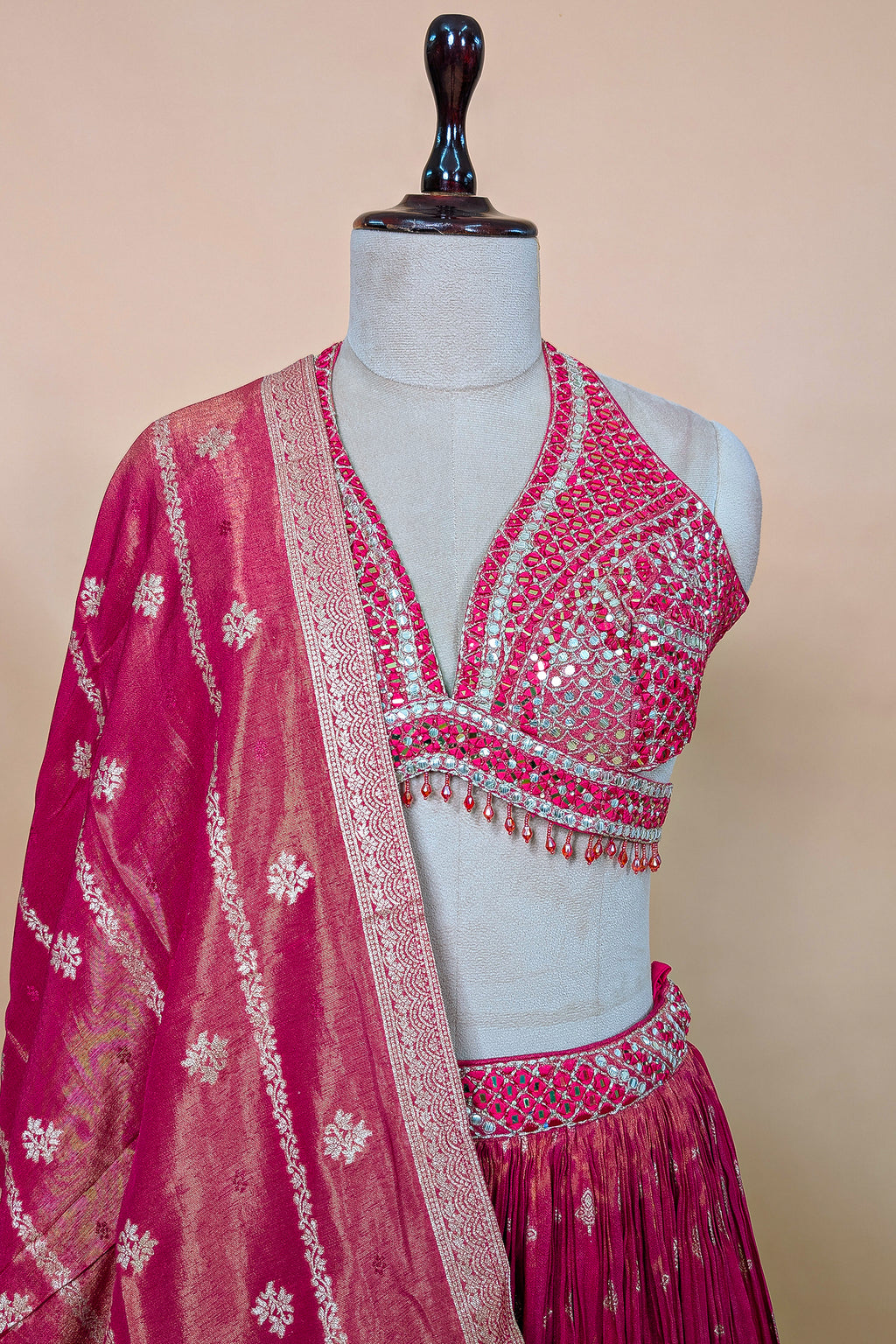 Pink Tissue Silk Woven Lehenga with Mirror Embroidered Cut Out Blouse