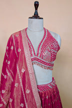 Pink Tissue Silk Woven Lehenga with Mirror Embroidered Cut Out Blouse