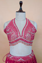 Pink Tissue Silk Woven Lehenga with Mirror Embroidered Cut Out Blouse