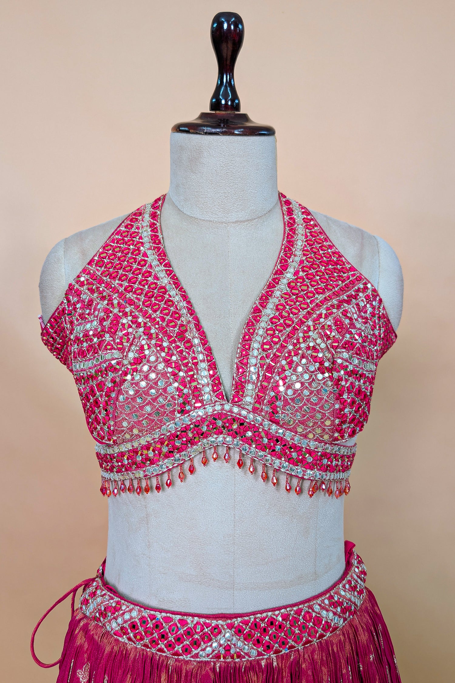 Pink Tissue Silk Woven Lehenga with Mirror Embroidered Cut Out Blouse