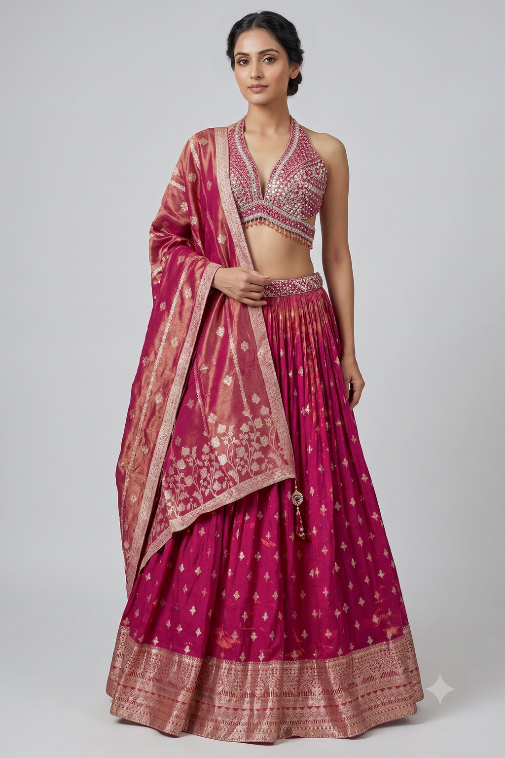 Pink Tissue Silk Woven Lehenga with Mirror Embroidered Cut Out Blouse