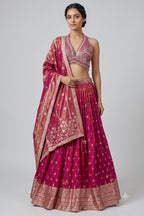 Pink Tissue Silk Woven Lehenga with Mirror Embroidered Cut Out Blouse
