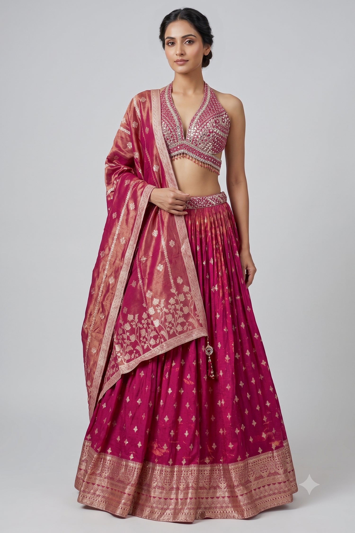 Pink Tissue Silk Woven Lehenga with Mirror Embroidered Cut Out Blouse