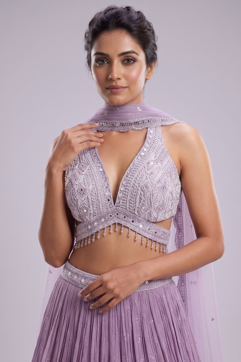 Lilac Chinon Chiffon Silk Lehenga with Embroidery