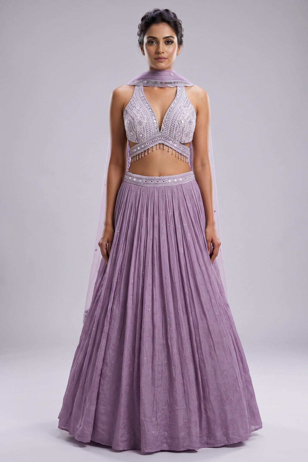 Lilac Chinon Chiffon Silk Lehenga with Embroidery