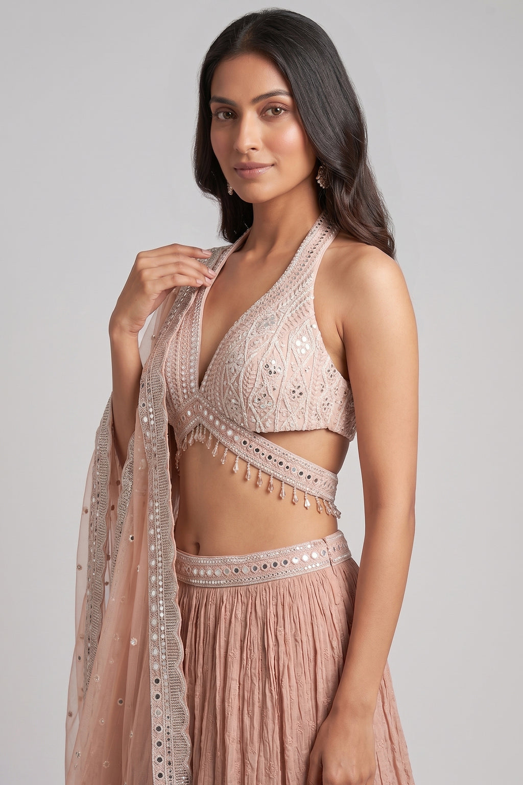 Dusty Peach Chinon Chiffon Silk Lehenga with Embroidery