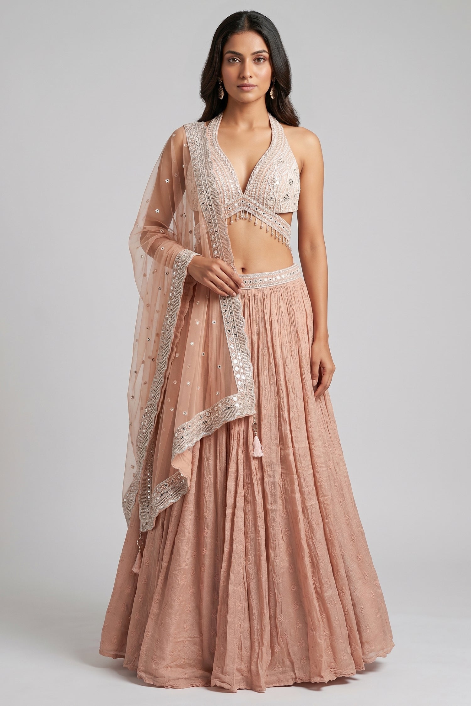 Dusty Peach Chinon Chiffon Silk Lehenga with Embroidery