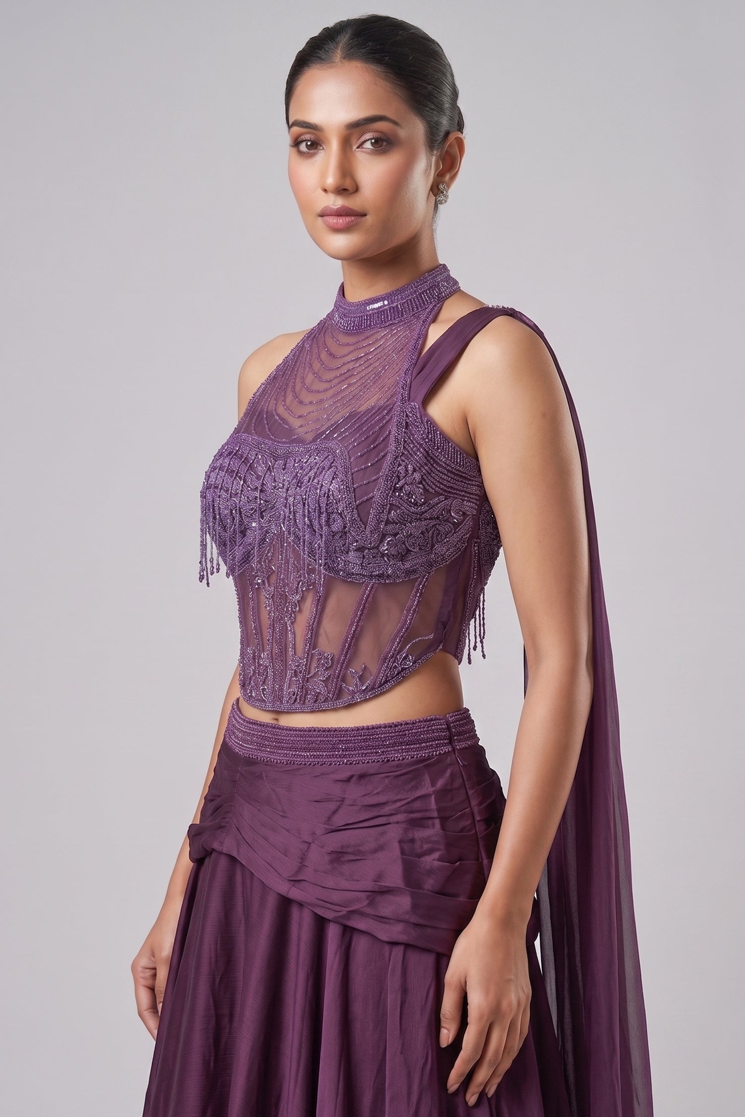 Wine Chinon Silk Draped Lehenga with Corset Blouse Secondary image