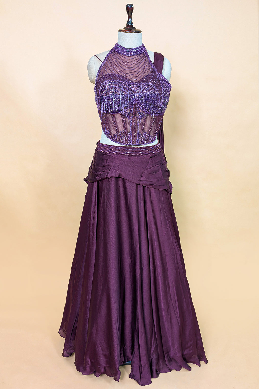 Wine Chinon Silk Draped Lehenga with Corset Blouse