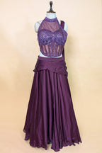 Wine Chinon Silk Draped Lehenga with Corset Blouse