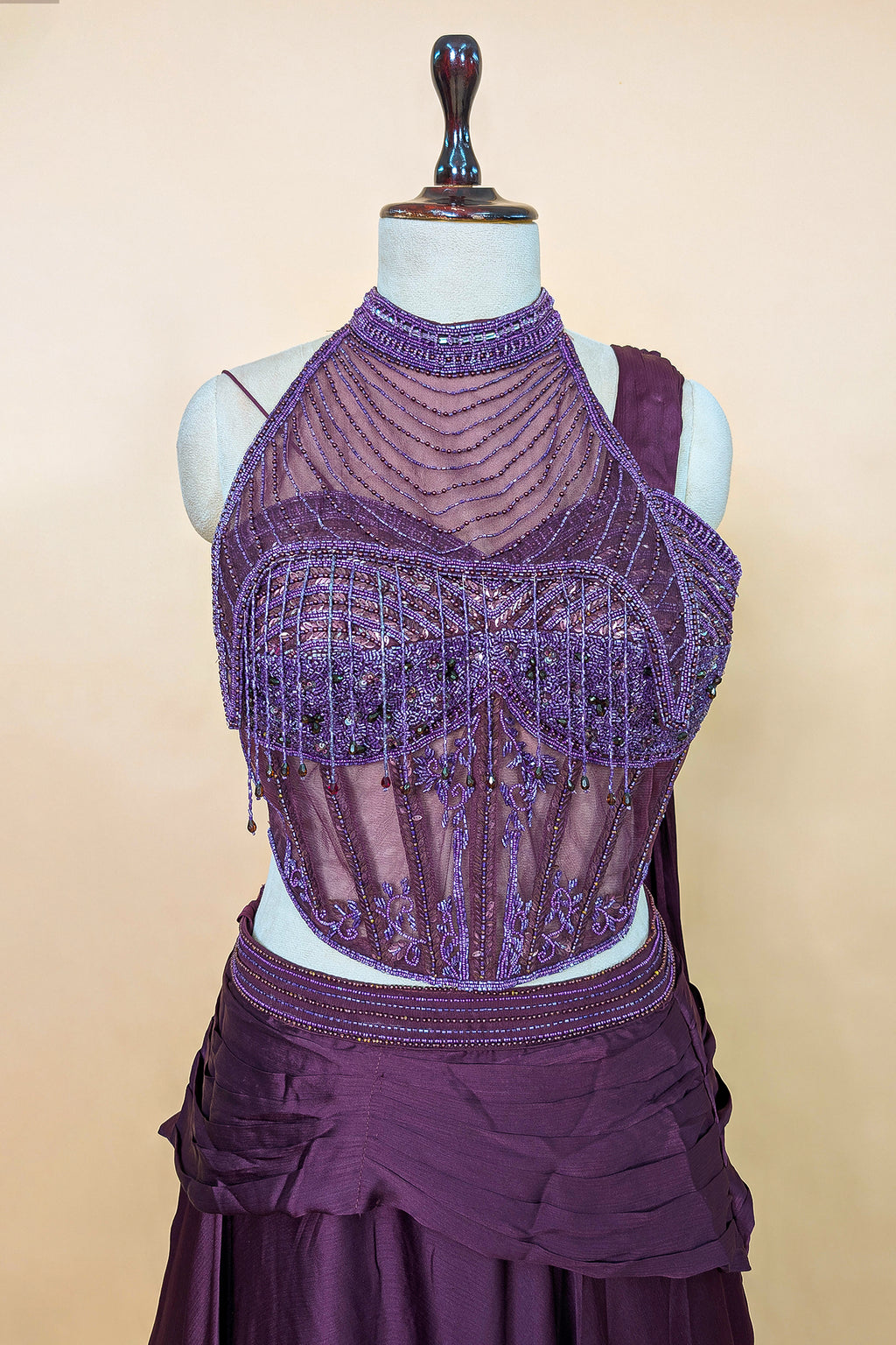 Wine Chinon Silk Draped Lehenga with Corset Blouse