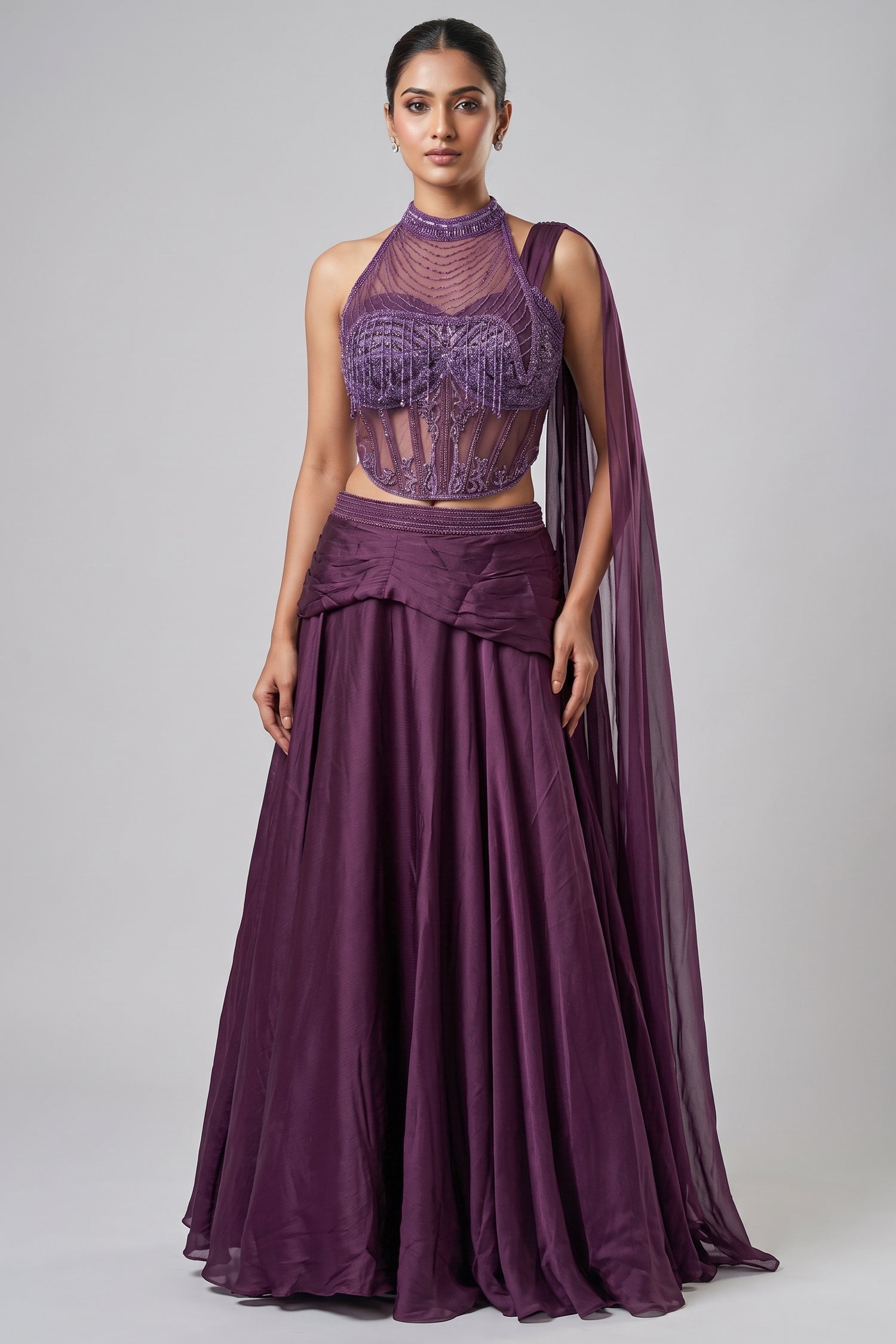 Wine Chinon Silk Draped Lehenga with Corset Blouse
