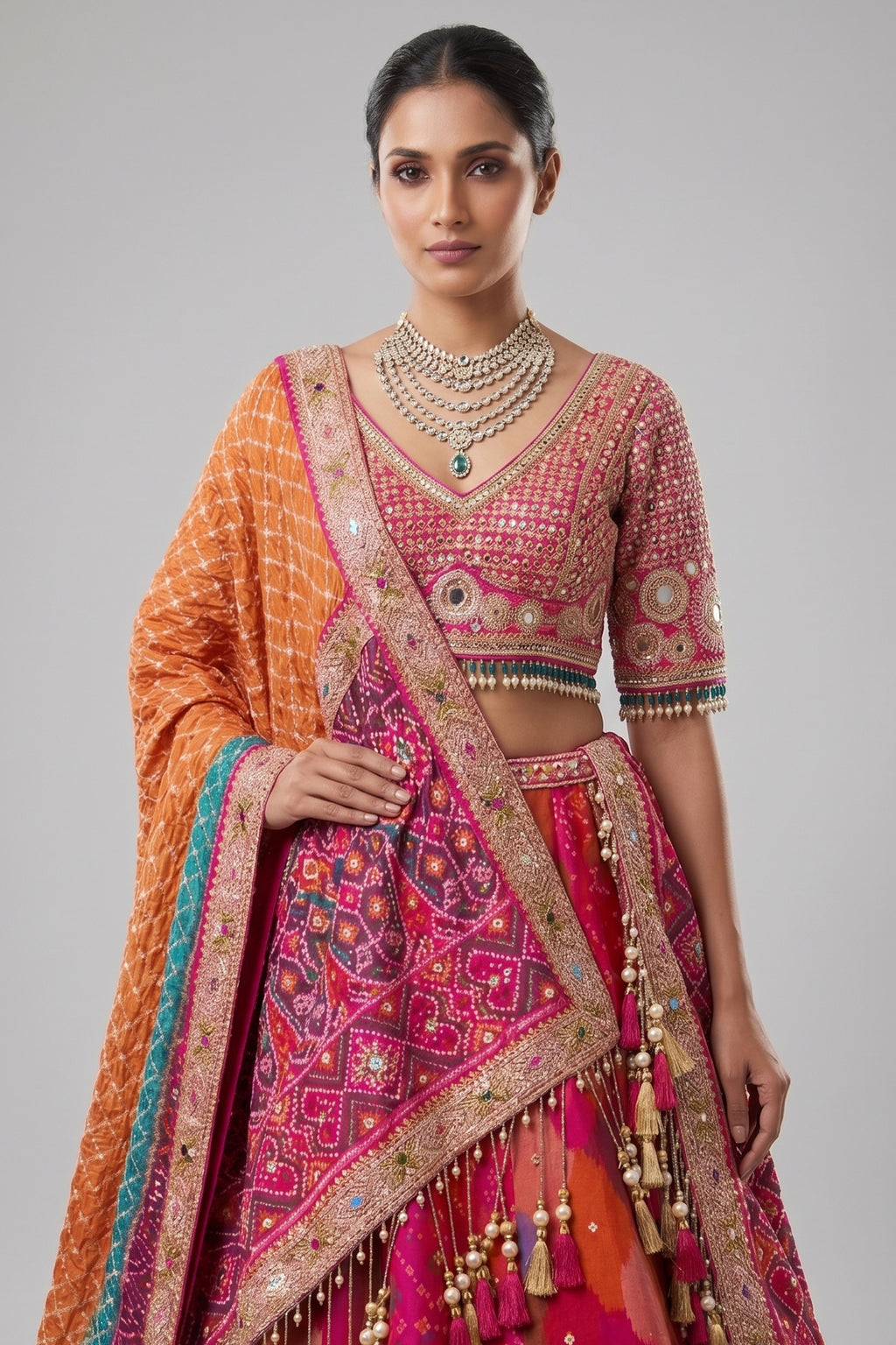 Multi Colored Silk Traditional Patola Lehenga with Handwork
