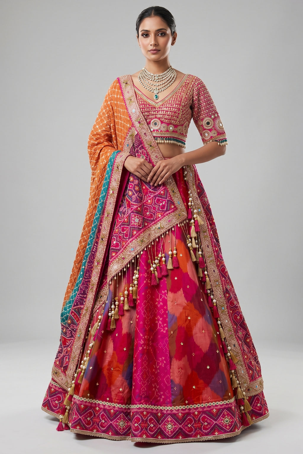 Multi Colored Silk Traditional Patola Lehenga with Handwork