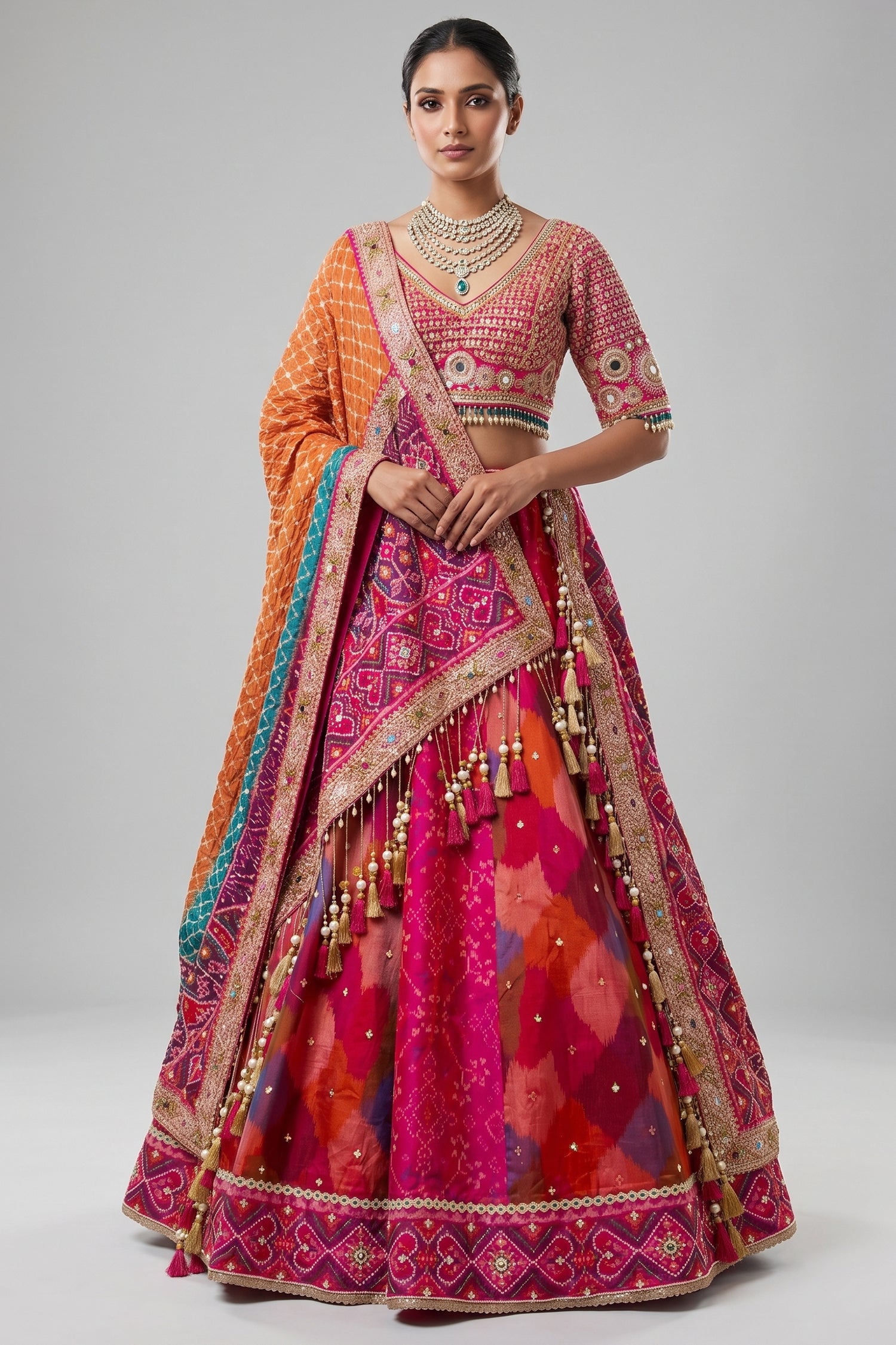 Multi Colored Silk Traditional Patola Lehenga with Handwork