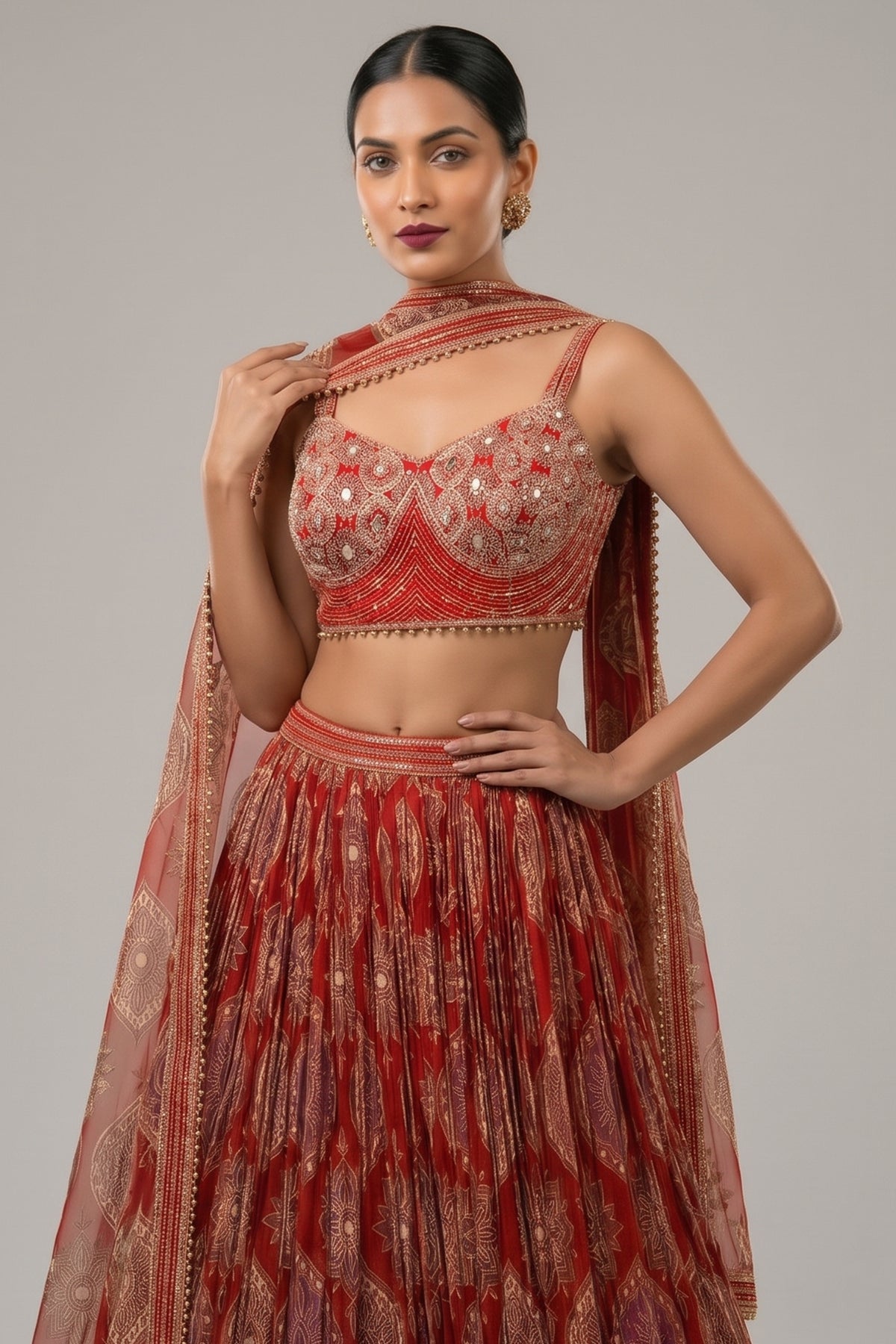 Maroon Crepe Silk Printed Cutdana and Sequin Worked Lehenga