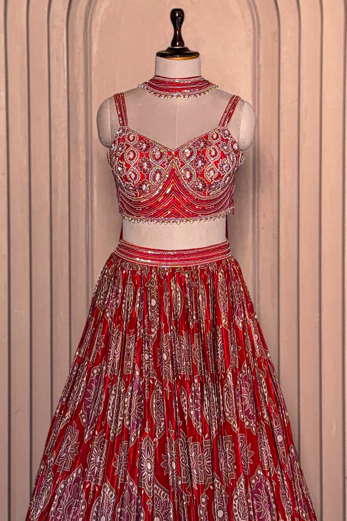 Maroon Crepe Silk Printed Cutdana and Sequin Worked Lehenga